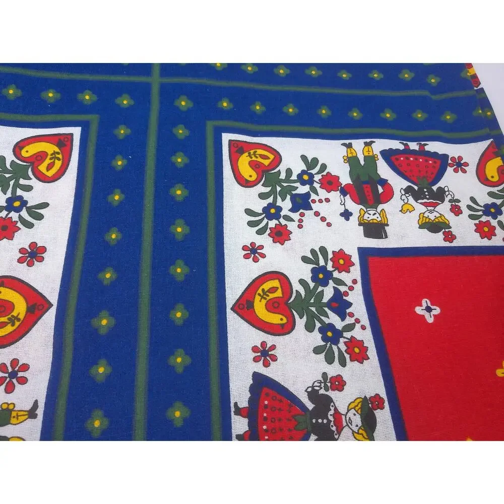 Vintage Kolf Austrian Folklore Cotton Tablecloth 59x79 Red Navy Blue Folk Art